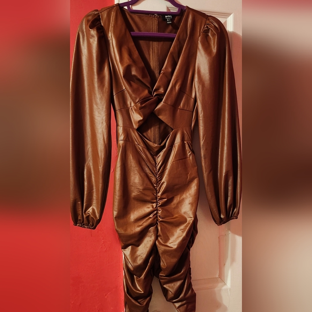 Privy Brown Long Sleeve Cut Out Ruched Jumpsuit